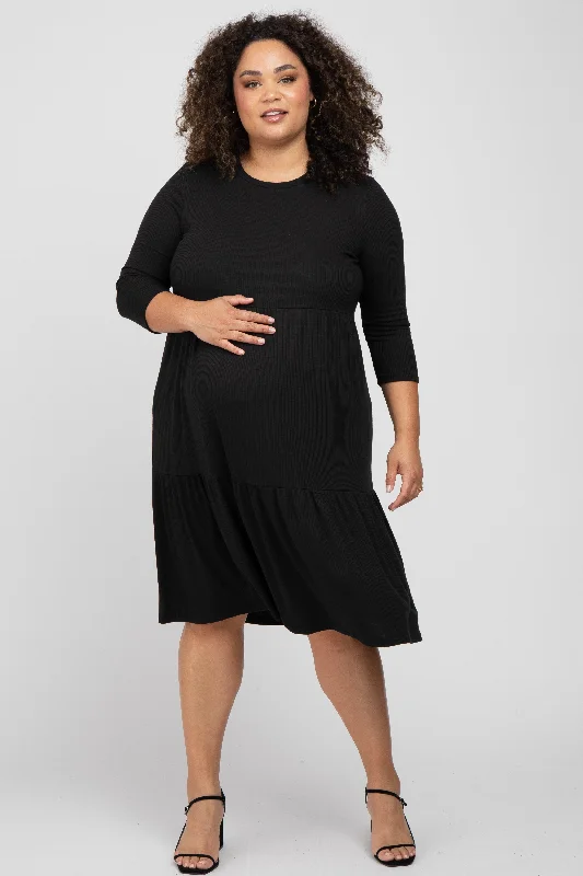 Black Tiered Ribbed 3/4 Sleeve Plus Maternity Midi Dress Trendy Long Sleeve Midi Dress