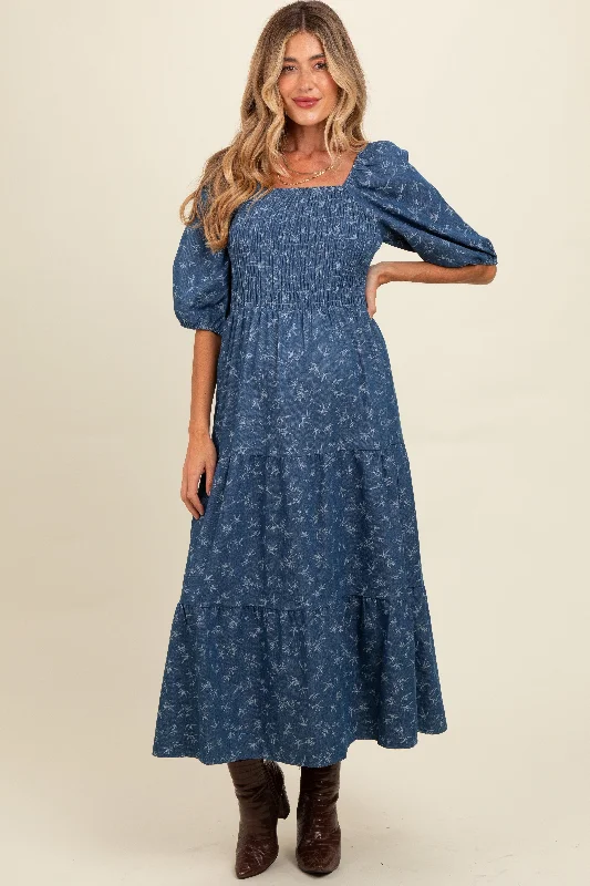Blue Chambray Printed Smocked Maternity Midi Dress Comfortable Ruched Midi Dress