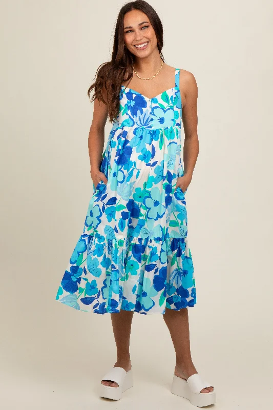 Blue Floral Button Front Sweetheart Neck Maternity Midi Dress Elegant V-Neck Midi Dress Blue Floral Button Front Sweetheart Neck Maternity Midi Dress Elegant V-Neck Midi Dress