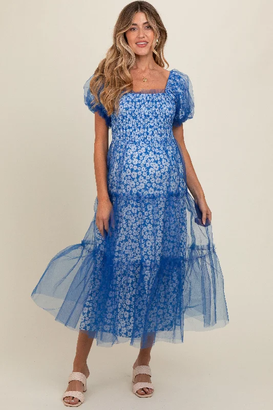Blue Floral Lined Smocked Tulle Maternity Midi Dress Comfortable Draped Midi Dress