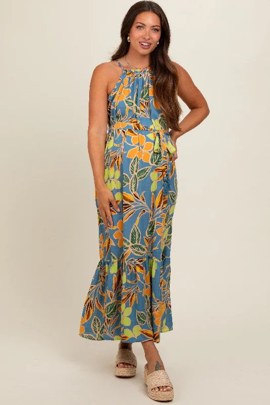 Blue Floral Open Back Maternity Midi Dress Cozy T-shirt Midi Dress