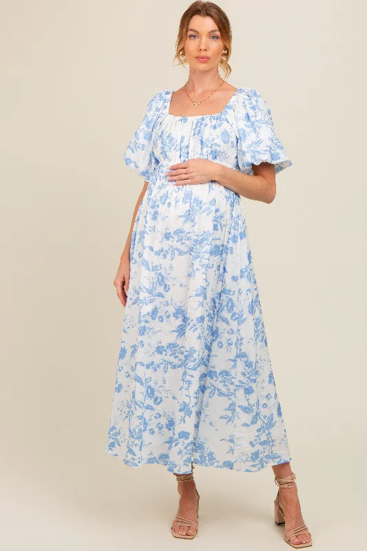 Blue Floral Puff Sleeve Maternity Midi Dress Elegant Lace Trim Midi Dress