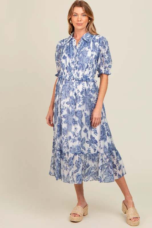 Blue Floral Ruffle Accent Button Up Maternity Midi Dress Cozy T-shirt Midi Dress