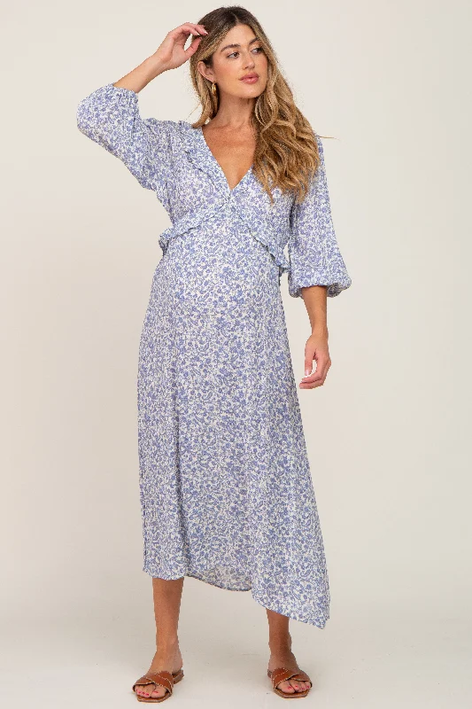 Blue Floral Ruffle V-Neck Maternity Midi Dress Elegant Floral Skirt Midi Dress