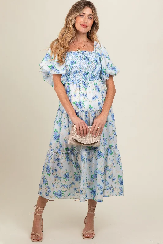 Blue Floral Smocked Puff Sleeve Maternity Midi Dress Trendy Off-Shoulder Ruffle Midi Dress Blue Floral Smocked Puff Sleeve Maternity Midi Dress Trendy Off-Shoulder Ruffle Midi Dress