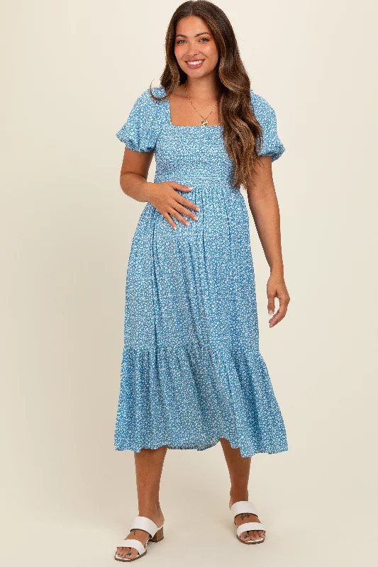 Blue Floral Smocked Ruffle Hem Maternity Midi Dress Trendy Bodycon Midi Dress