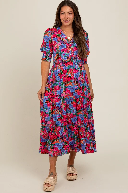 Blue Floral Smocked Waist Maternity Midi Dress Stylish Vintage Midi Dress