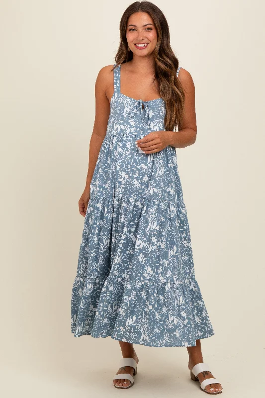 Blue Floral Tiered Maternity Midi Dress Stylish Button-Up Midi Dress