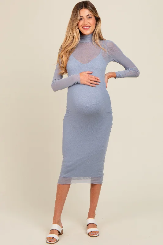 Blue Mesh Overlay Fitted Maternity Midi Dress Trendy Long Sleeve Midi Dress