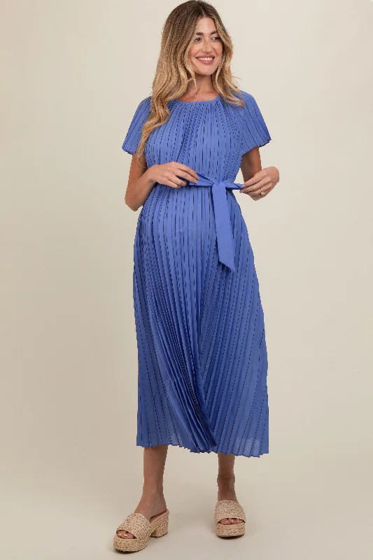 Blue Pleated Sash Tie Maternity Midi Dress Comfortable Ruched Midi Dress