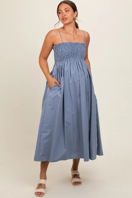 Blue Smocked Pocketed Maternity Midi Dress Fashionable High-Low Midi Dress