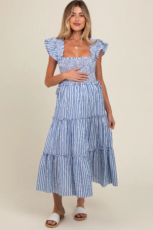 Blue Striped Smocked Ruffle Tiered Maternity Midi Dress Comfortable Button Front Midi Dress Blue Striped Smocked Ruffle Tiered Maternity Midi Dress Comfortable Button Front Midi Dress