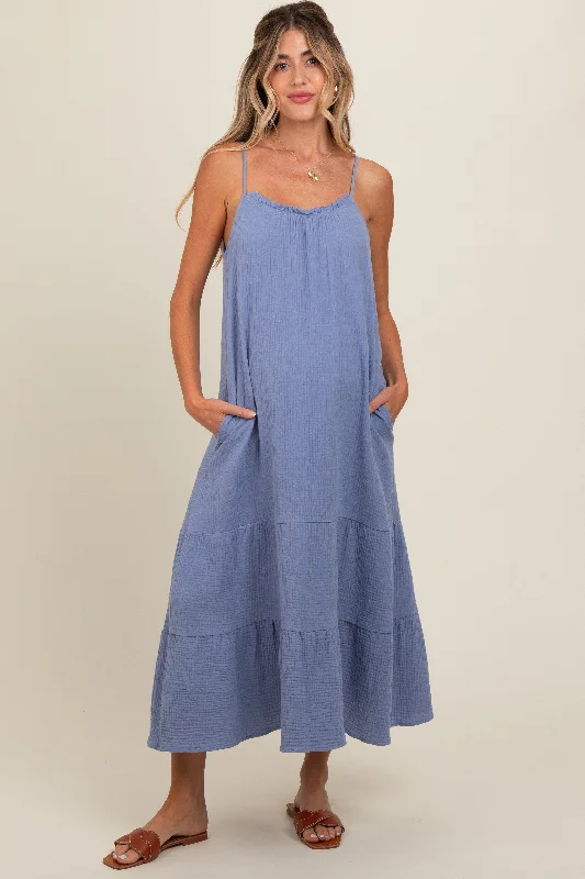 Blue Tiered Hem Maternity Midi Dress Comfortable Button Front Midi Dress
