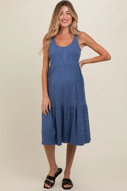Blue Tiered Sleeveless Maternity Midi Dress Fashionable Pleated Midi Dress