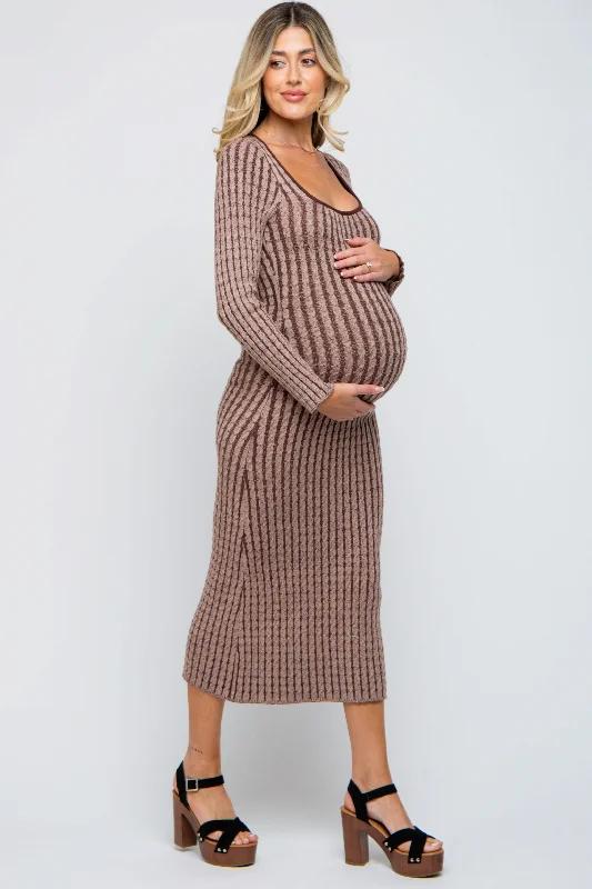Brown Cable Knit Maternity Fitted Midi Dress Comfortable Floral Print Midi Dress