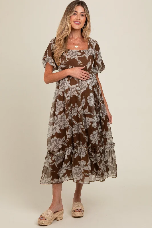 Brown Floral Chiffon Ruffle Hem Maternity Midi Dress Cozy Knit Midi Dress