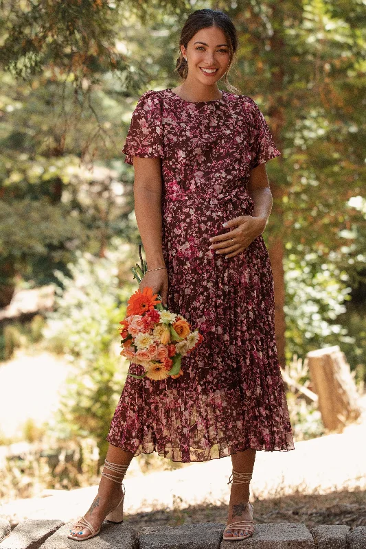 Brown Floral Pleated Maternity Midi Dress Elegant Satin Midi Dress