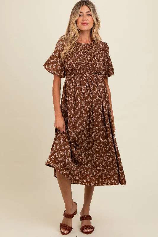 Brown Floral Smocked Maternity Midi Dress Elegant Floral Appliqué Midi Dress