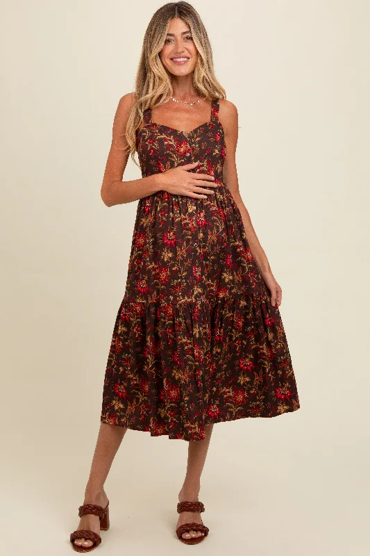 Brown Floral Sweetheart Neck Button Down Maternity Midi Dress Trendy A-Line Midi Dress Brown Floral Sweetheart Neck Button Down Maternity Midi Dress Trendy A-Line Midi Dress