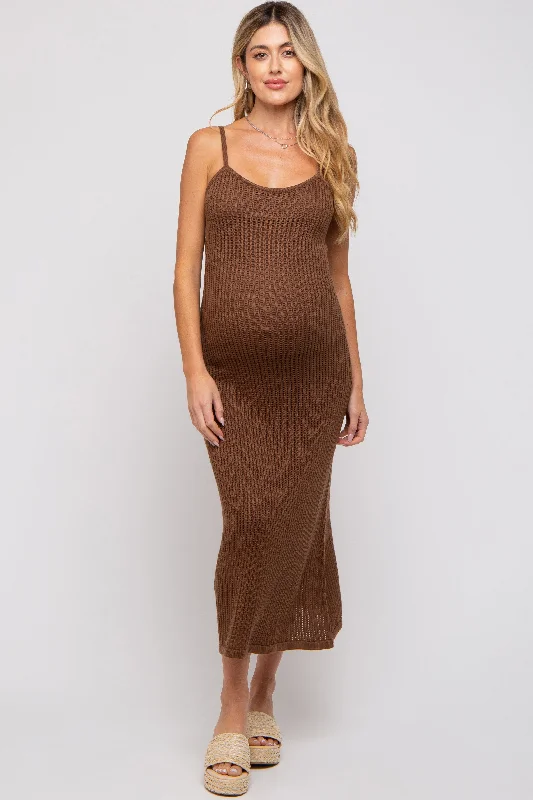 Brown Open Knit Crochet Maternity Midi Dress Elegant Satin Slip Midi Dress