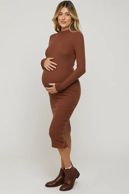 Brown Ribbed Mock Neck Button Side Slit Maternity Midi Dress Comfortable Draped Midi Dress Brown Ribbed Mock Neck Button Side Slit Maternity Midi Dress Comfortable Draped Midi Dress