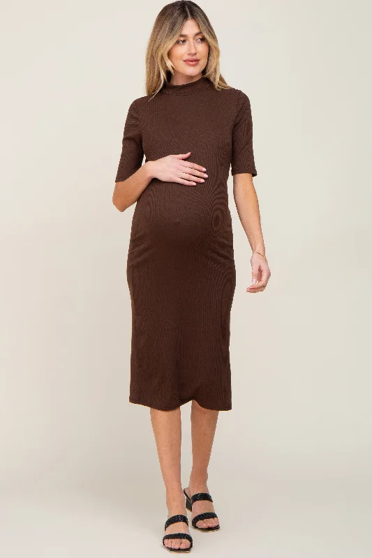 Brown Ribbed Mock Neck Maternity Midi Dress Stylish Cold Shoulder Midi Dress