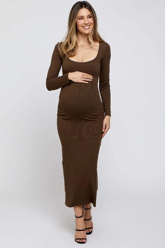 Brown Ribbed Scoop Neck Maternity Midi Dress Trendy Knit Midi Dress