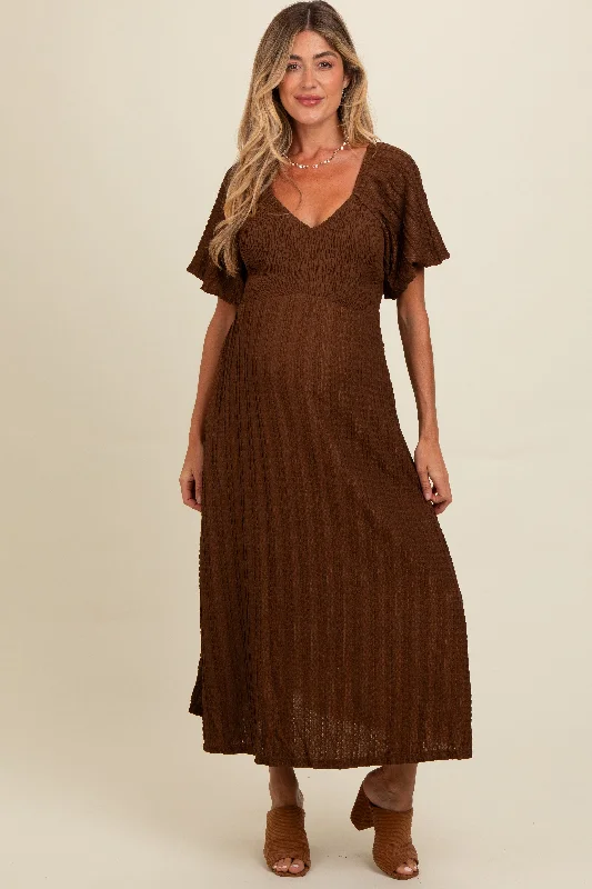 Brown Smocked V-Neck Short Puff Sleeve Textured Maternity Midi Dress Stylish Button-Up Midi Dress Brown Smocked V-Neck Short Puff Sleeve Textured Maternity Midi Dress Stylish Button-Up Midi Dress