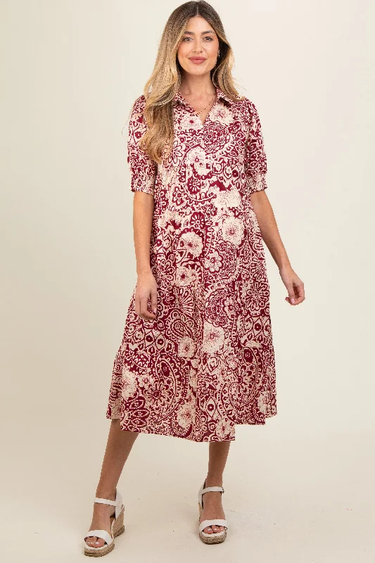 Burgundy Floral Collared Tiered Maternity Midi Dress Stylish Vintage Midi Dress