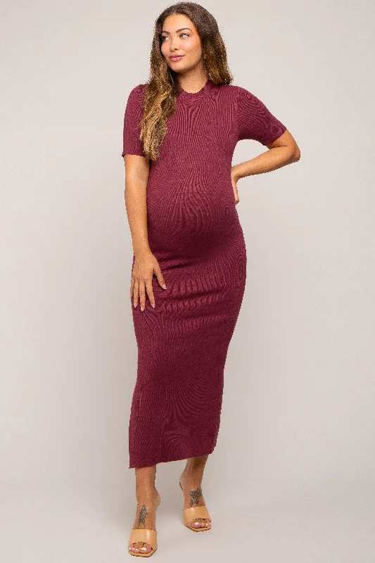 Burgundy Knit Fitted Mock Neck Maternity Midi Dress Cozy Wide Strap Midi Dress