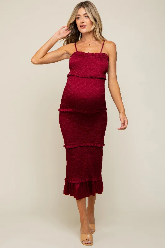 Burgundy Satin Smocked Fitted Maternity Midi Dress Comfortable Ribbed Midi Dress