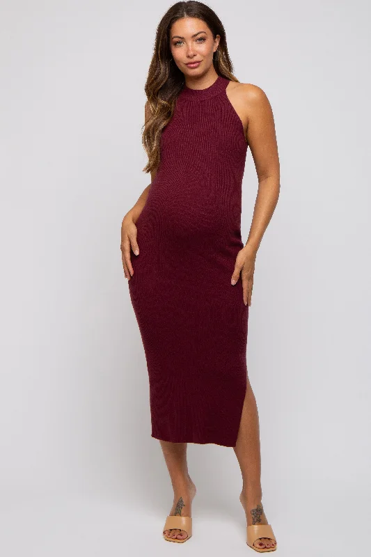 Burgundy Sleeveless Side Slit Maternity Midi Dress Comfortable Stretch Midi Dress