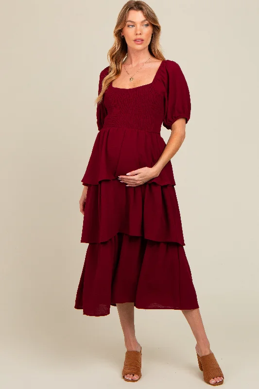 Burgundy Smocked Body Ruffled Tiered Maternity Midi Dress Stylish Wraparound Midi Dress Burgundy Smocked Body Ruffled Tiered Maternity Midi Dress Stylish Wraparound Midi Dress