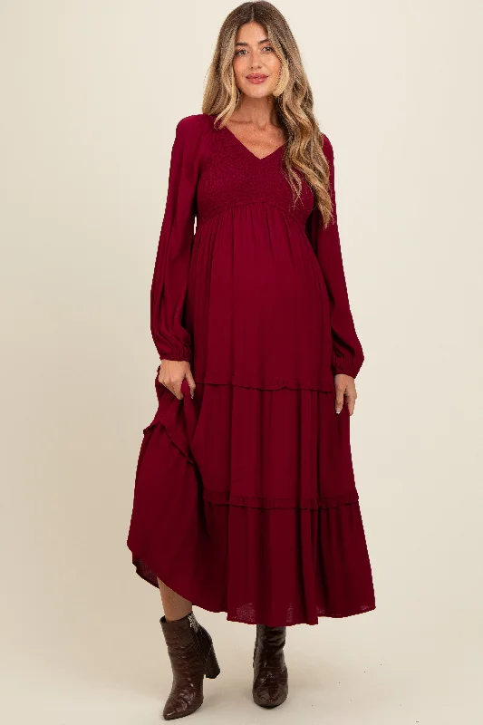 Burgundy Smocked Tiered Maternity Midi Dress Fashionable Chiffon Midi Dress