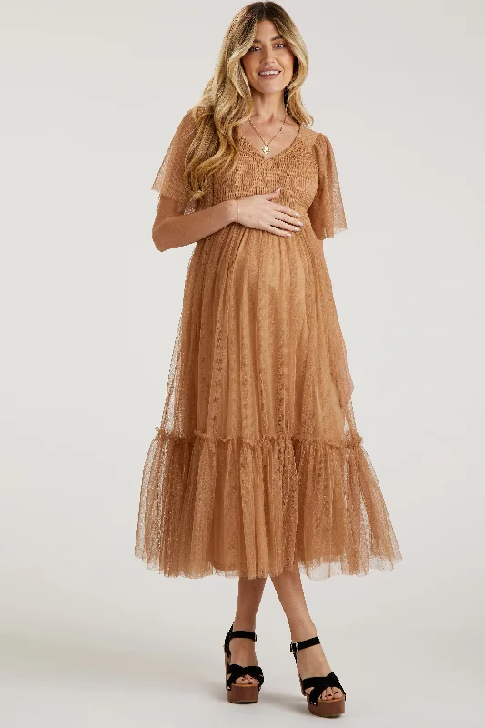 Camel Dotted Tulle Smocked Maternity Midi Dress Trendy Off-Shoulder Ruffle Midi Dress Camel Dotted Tulle Smocked Maternity Midi Dress Trendy Off-Shoulder Ruffle Midi Dress