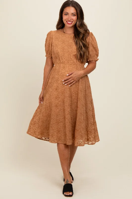 Camel Floral Embroidered Overlay Maternity Midi Dress Comfortable Sleeveless Midi Dress
