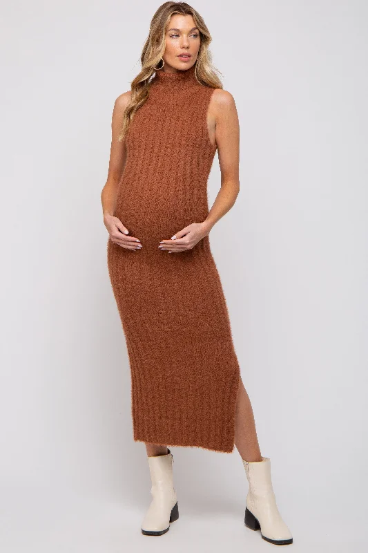 Camel Fuzzy Knit Sleeveless Turtle Neck Maternity Midi Dress Trendy Mock Neck Midi Dress Camel Fuzzy Knit Sleeveless Turtle Neck Maternity Midi Dress Trendy Mock Neck Midi Dress