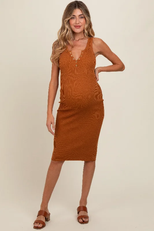 Camel Sleeveless Knit Henley Maternity Midi Dress Fashionable Plaid Midi Dress