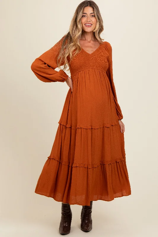 Camel Smocked Tiered Maternity Midi Dress Elegant Satin Midi Dress