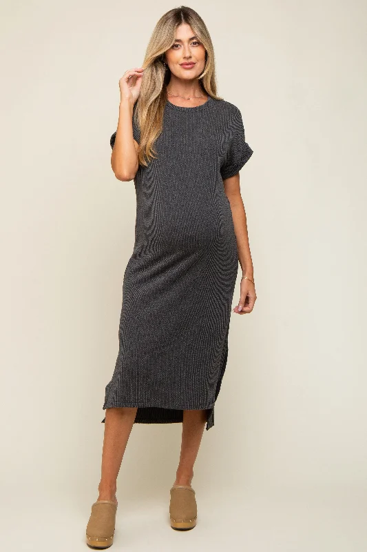 Charcoal Ribbed Short Sleeve Maternity Midi Dress Stylish Button-Up Midi Dress