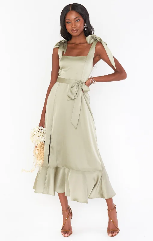 Claire Midi Dress ~ Moss Green Luxe Satin Comfortable Knitwear Midi Dress