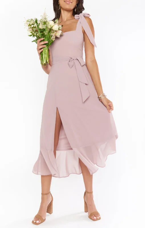 Claire Midi Dress ~ Neutral Mauve Chiffon Comfortable Ruched Midi Dress