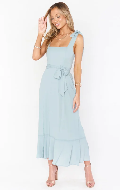 Claire Midi Dress ~ Silver Sage Crisp Elegant Puff Sleeve Midi Dress