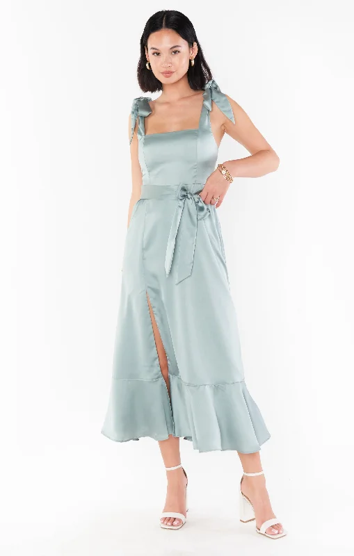 Claire Midi Dress ~ Silver Sage Luxe Satin Trendy Off-Shoulder Ruffle Midi Dress
