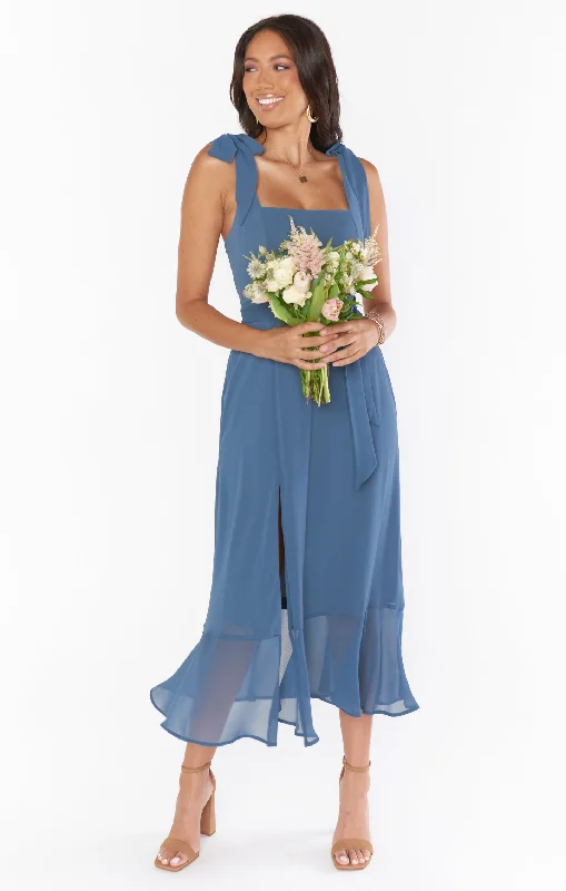 Claire Midi Dress ~ Slate Blue Chiffon Comfortable Deep V Midi Dress