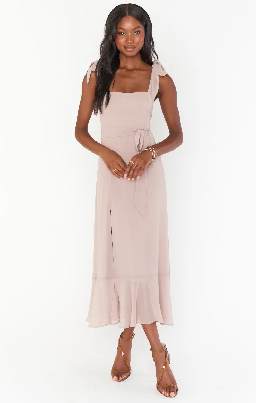 Claire Midi Dress ~ Soft Beige Chiffon Trendy Mock Neck Midi Dress