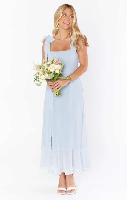 Claire Midi Dress ~ Steel Blue Chiffon Elegant Lace Trim Midi Dress