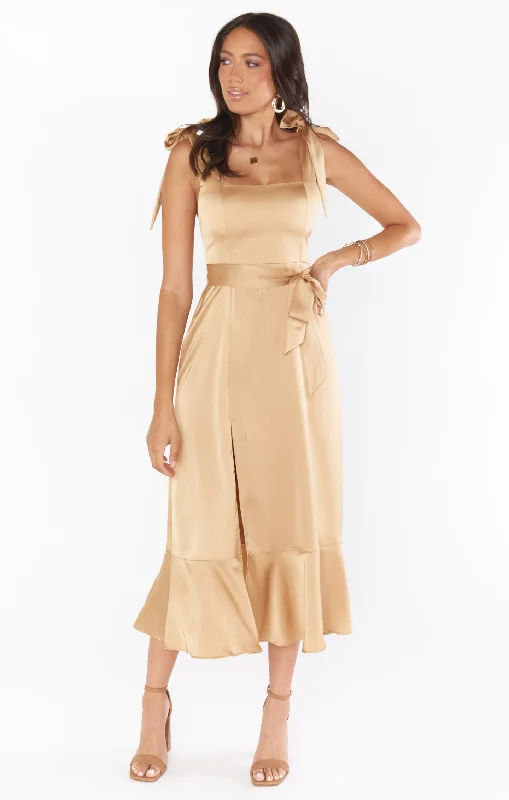 Claire Midi Dress ~ True Gold Luxe Satin Stylish Satin Midi Dress