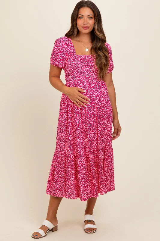 Coral Floral Smocked Ruffle Hem Maternity Midi Dress Fashionable Pencil Midi Dress