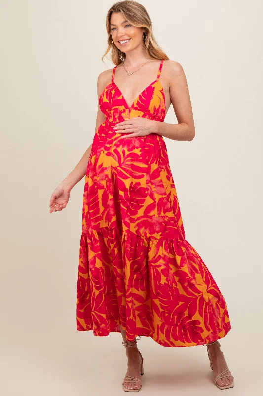 Coral Leaf Print Open Back Maternity Midi Dress Fashionable Off-Shoulder Dress Midi